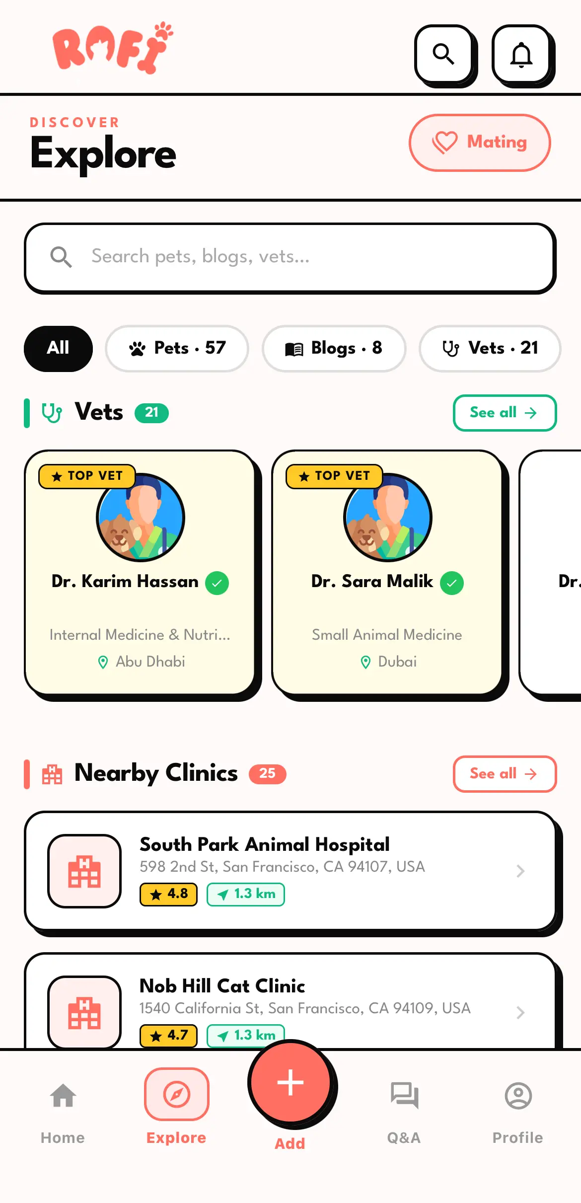 The Explore screen, listing top verified vets and nearby clinics with star ratings and distances.