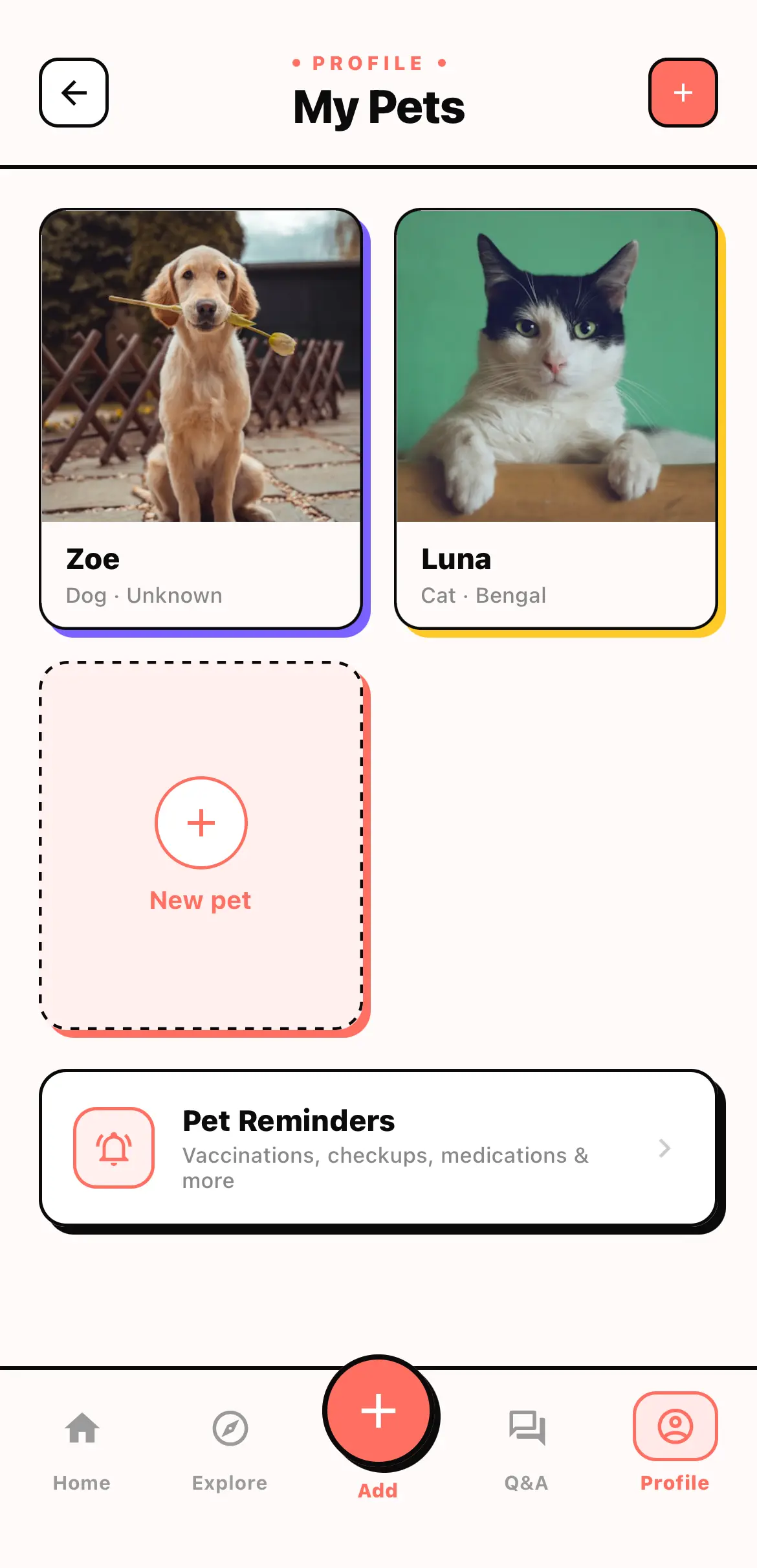 The My Pets screen, showing profile cards for Zoe the dog and Luna the cat above a pet reminders shortcut.