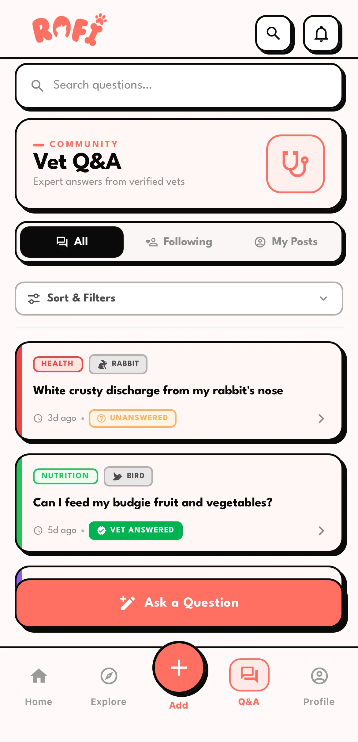 The Vet Q&A feed, showing community questions tagged by topic with vet-answered badges.